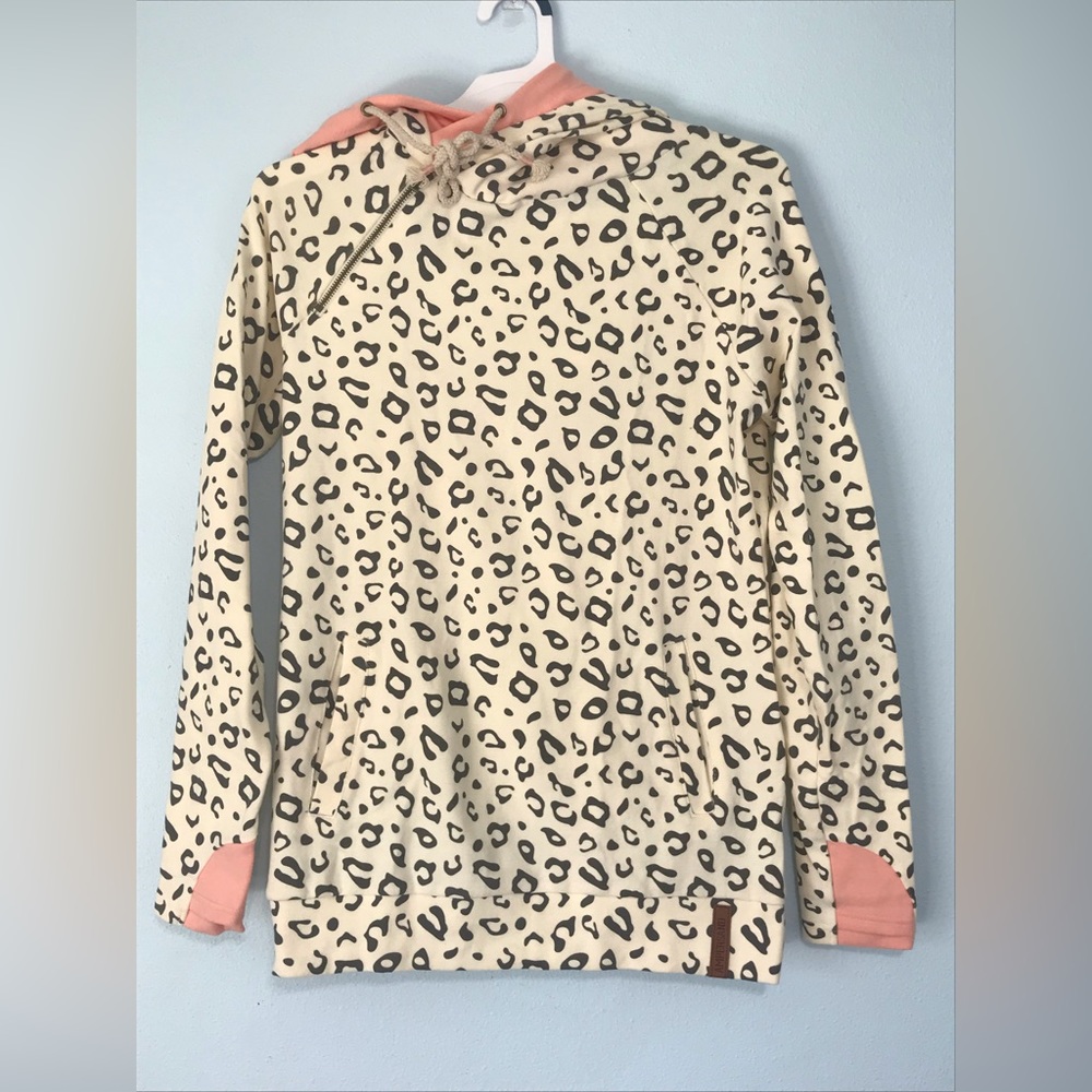 Ampersand Avenue Womens Animal Print Sweater Size S Double Hooded Pullover Beige
